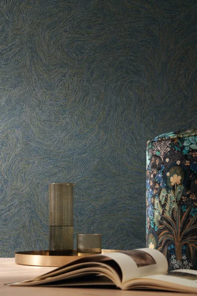 Voie Lactee Wallpaper - Marine / Dore by blue misc wallpaper and wall with pouf and vases