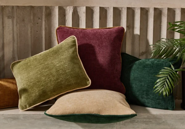 Cord Fabric - Cocoa by brown plain cushion with plants