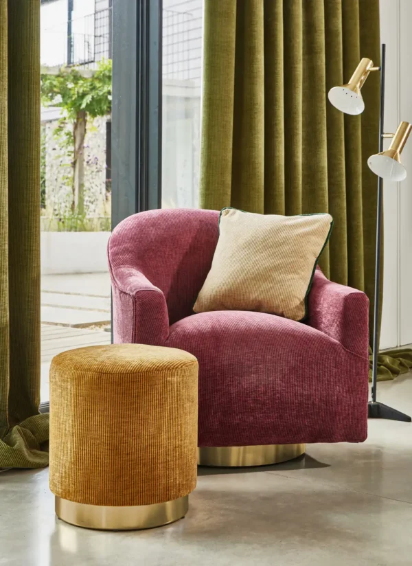 Cord Fabric - Spice by green plain curtain with armchair and pouf