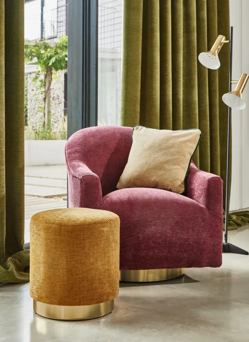 Cord Fabric - Mushroom by green plain curtain with armchair and pouf