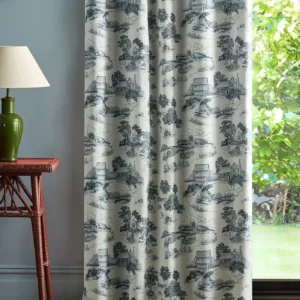 black-grey botanical curtain with side table and lamps