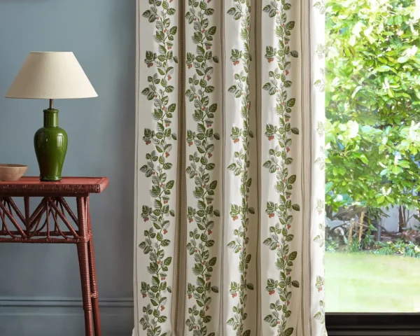 Cobnut Stripe Fabric - Leaf Green / Berry by green striped curtain with side table and lamps