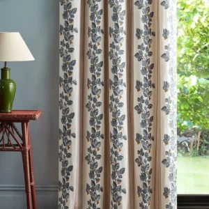 purple striped curtain with side table and lamps