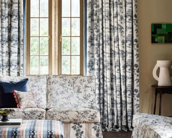 Lutley Stripe Fabric - Porcelain / Blossom by purple striped curtain with cushion and vases