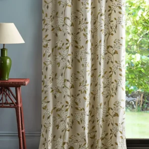 brown botanical curtain with side table and lamps