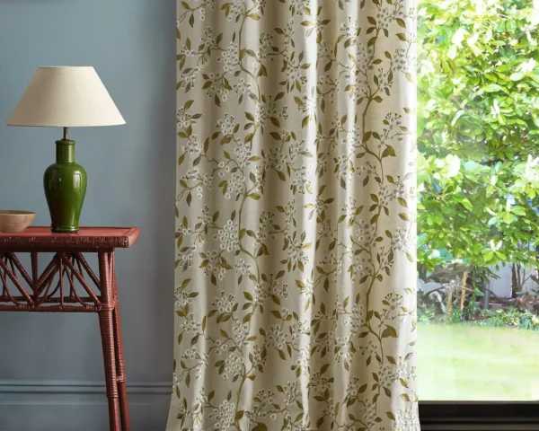 Damson Blossom Fabric - Rosemary / Birch by brown botanical curtain with side table and lamps