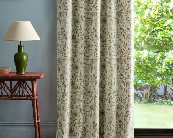 Habington Fabric - Porcelain / Thyme by blue botanical curtain with side table and lamps