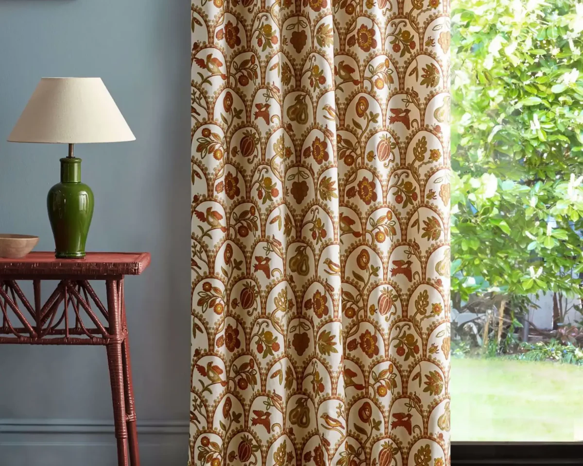 Harvest Fruits Fabric - Midsummer by red animal curtain with side table and lamps
