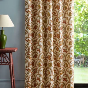 red animal curtain with side table and lamps