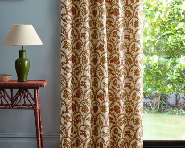 Harvest Fruits Fabric - Midsummer by red animal curtain with side table and lamps