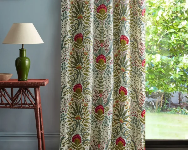 Marrienne Fabric - Chintz by red botanical curtain with side table and lamps