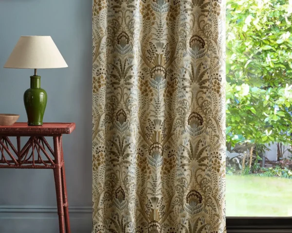 Marrienne Fabric - Harvest by brown botanical curtain with side table and lamps