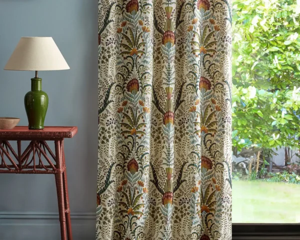brown botanical curtain with side table and lamps