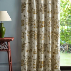 brown botanical curtain with side table and lamps