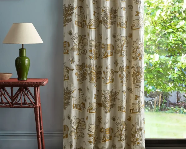 Medieval Embroidery Fabric - Harvest by brown botanical curtain with side table and lamps