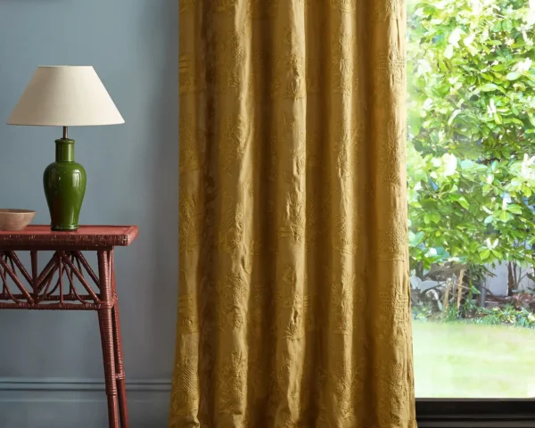 Medieval Embroidery Fabric - Mustard by brown botanical curtain with side table and lamps
