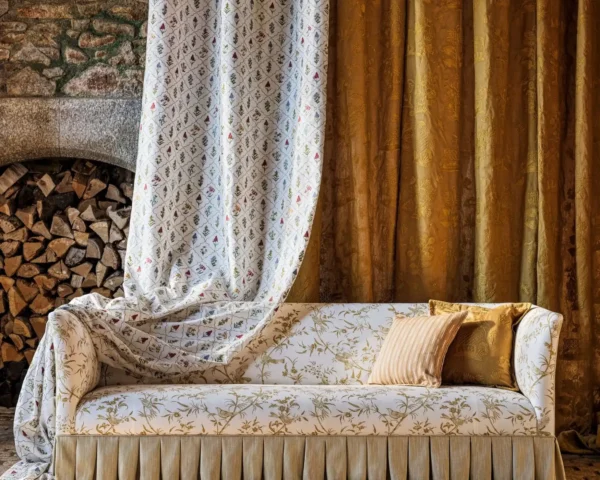 Medieval Embroidery Fabric - Mustard by brown botanical curtain with sofa and cushion