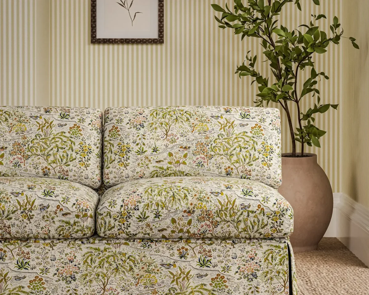 Moat Birds Fabric - Fawn / Harvest by green botanical sofa with plants