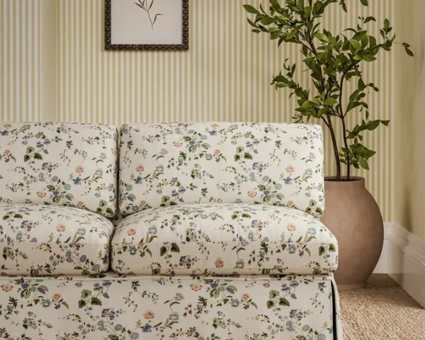 Nectar Fields Fabric - Cornflower / Mallow by blue botanical sofa with plants