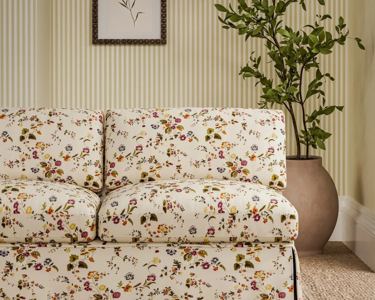 Nectar Fields Fabric - Damson / Medlar by multicolour botanical sofa with plants
