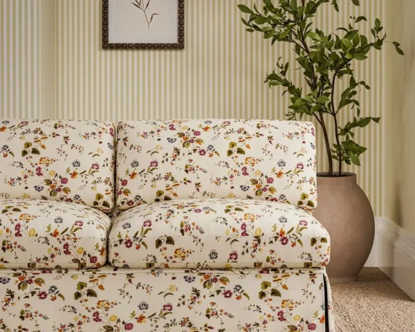 Nectar Fields Fabric - Damson / Medlar by multicolour botanical sofa with plants