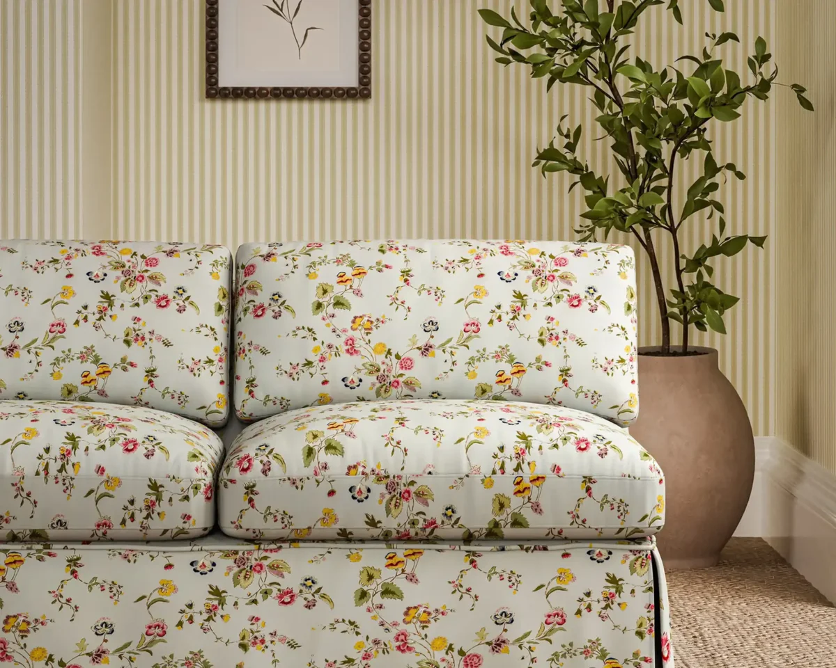 Nectar Fields Fabric - Porcelain / Blossom by black-grey botanical sofa with plants