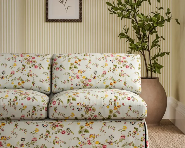 Nectar Fields Fabric - Porcelain / Blossom by black-grey botanical sofa with plants