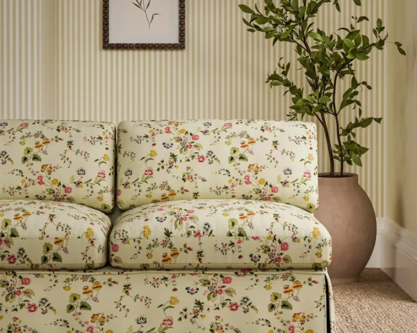 Nectar Fields Fabric - Sage / Blossom by pink botanical sofa with plants