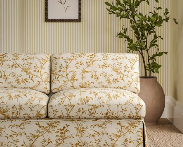 Paradise Woods Toile Fabric - Mustard by yellow botanical sofa with plants