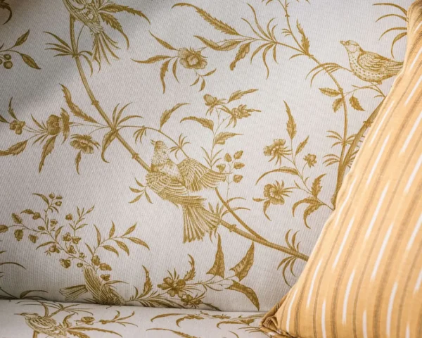 Paradise Woods Toile Fabric - Mustard by yellow botanical bed with