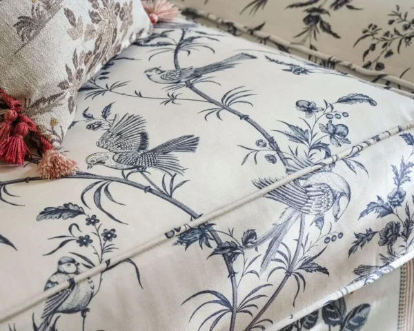 Paradise Woods Toile Fabric - Woad by blue botanical bed with