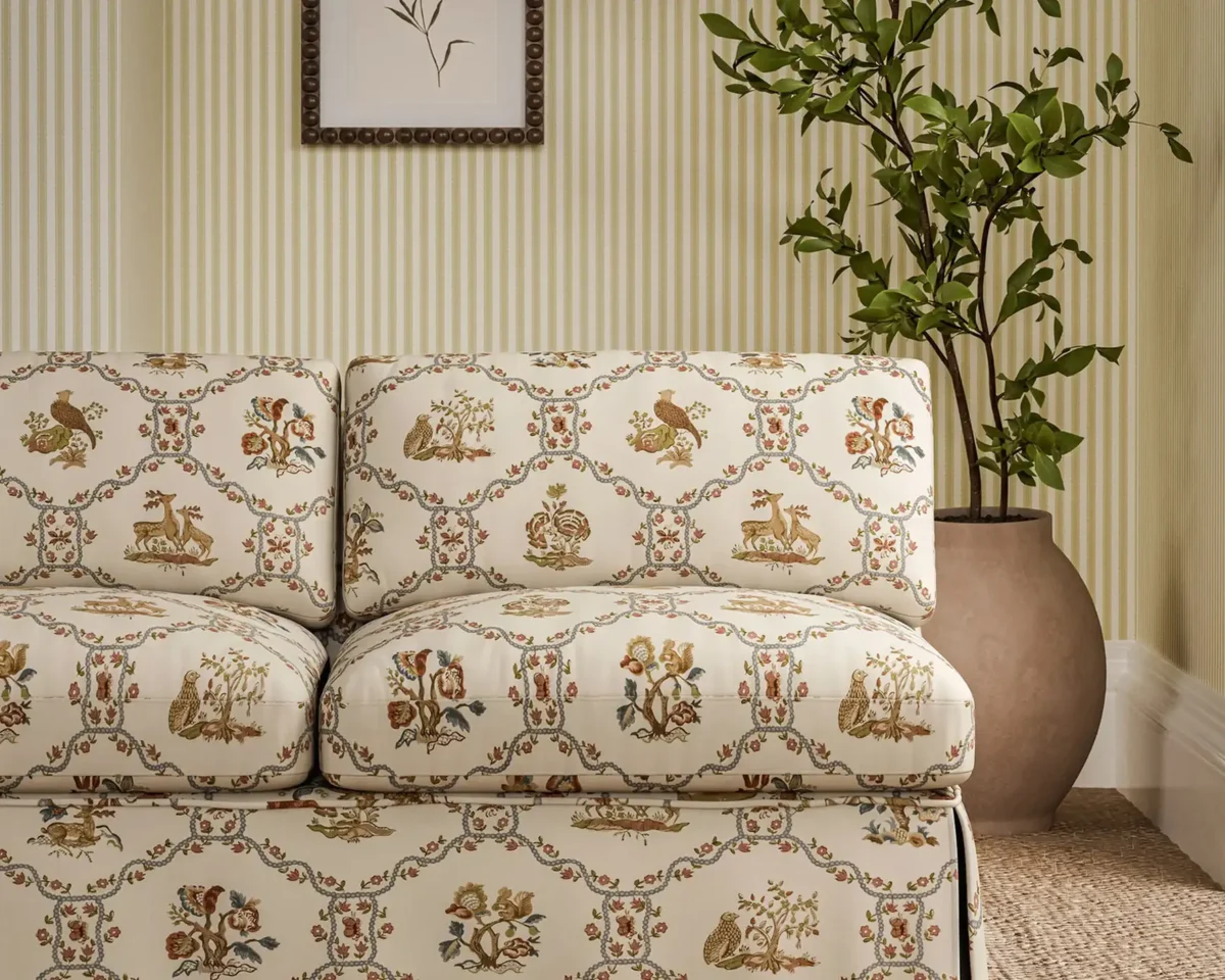 Partridge Pear Fabric - Porcelain / Blossom by blue animal sofa with plants