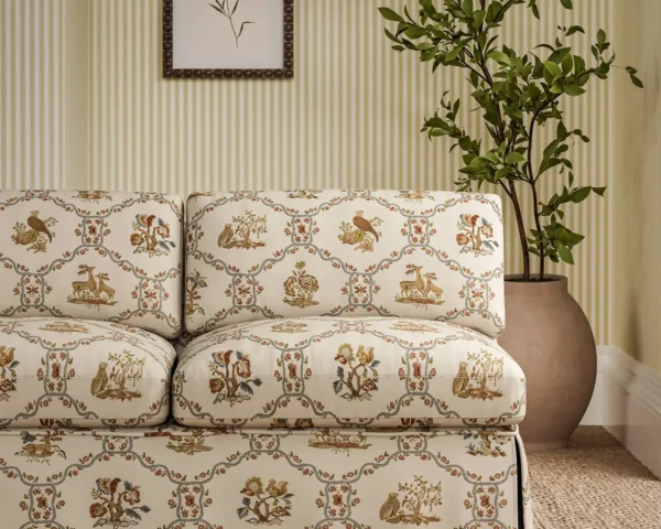 Partridge Pear Fabric - Porcelain / Blossom by blue animal sofa with plants