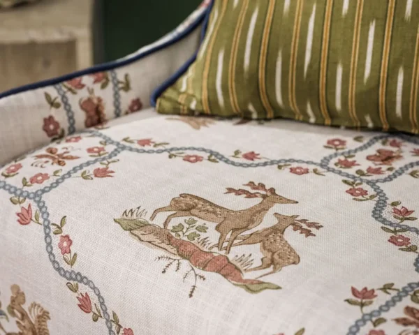 Partridge Pear Fabric - Porcelain / Blossom by blue animal sofa with cushion