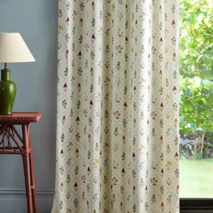 multicolour botanical curtain with side table and lamps