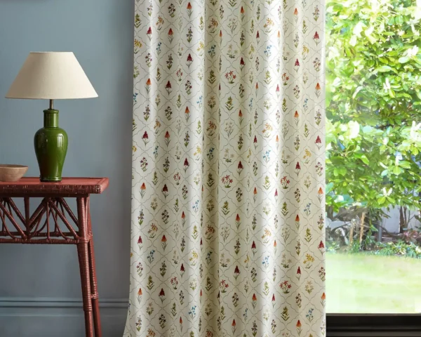 Spring Meadow Embroidery Fabric - Chintz by multicolour botanical curtain with side table and lamps
