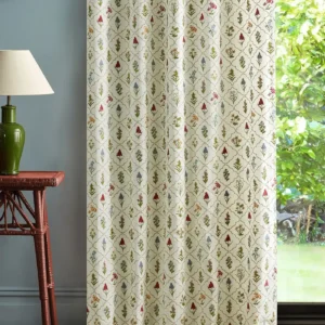 multicolour botanical curtain with side table and lamps