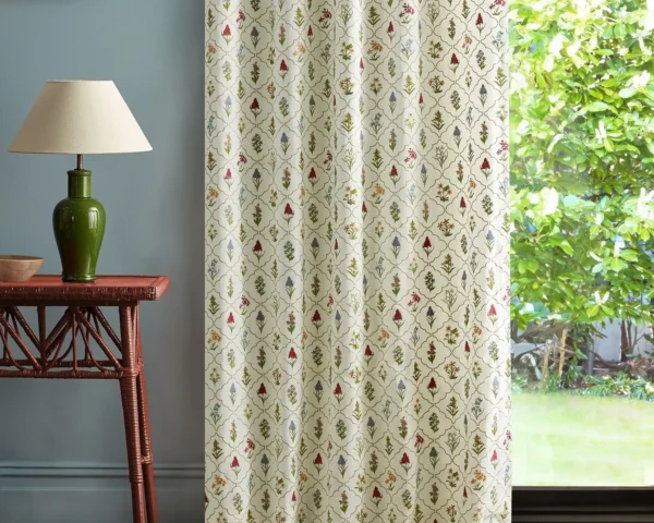 Spring Meadow Fabric - May by multicolour botanical curtain with side table and lamps