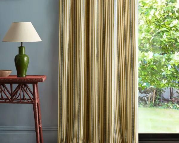 Barneby Stripe Fabric - Honey / Teal by yellow striped curtain with side table and lamps