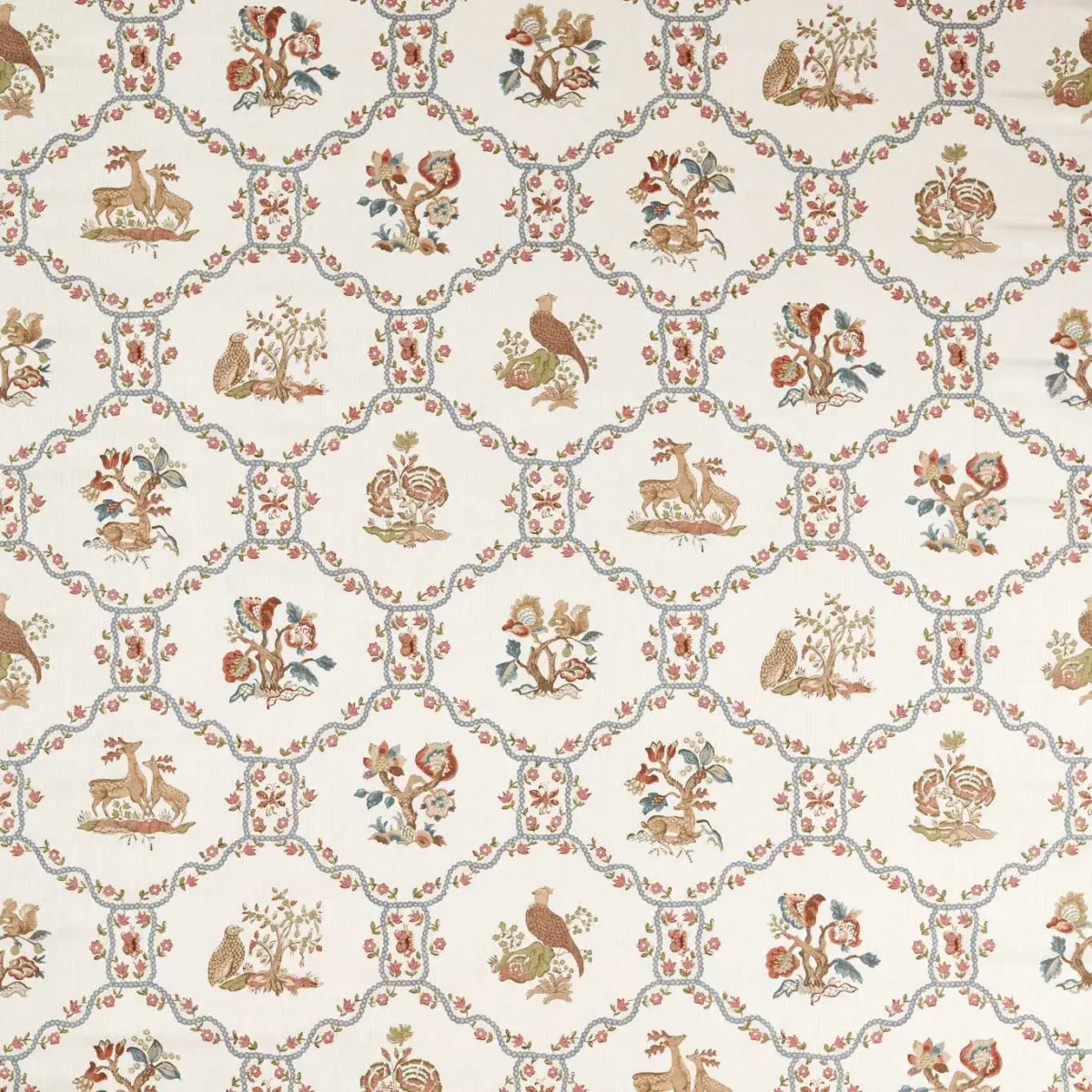Partridge Pear Fabric - Porcelain / Blossom by blue animal printed fabric from Sanderson