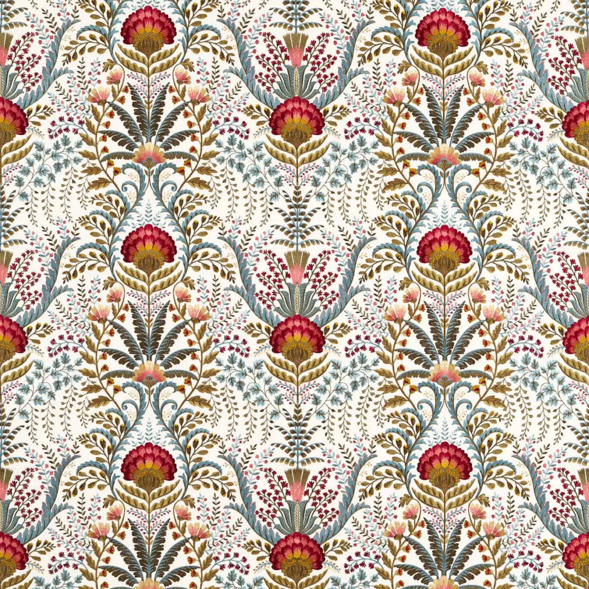 Marrienne Fabric - Chintz by red botanical embroideried fabric from Sanderson