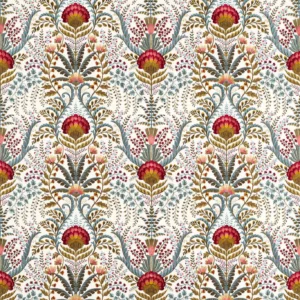 red botanical embroideried fabric from Sanderson