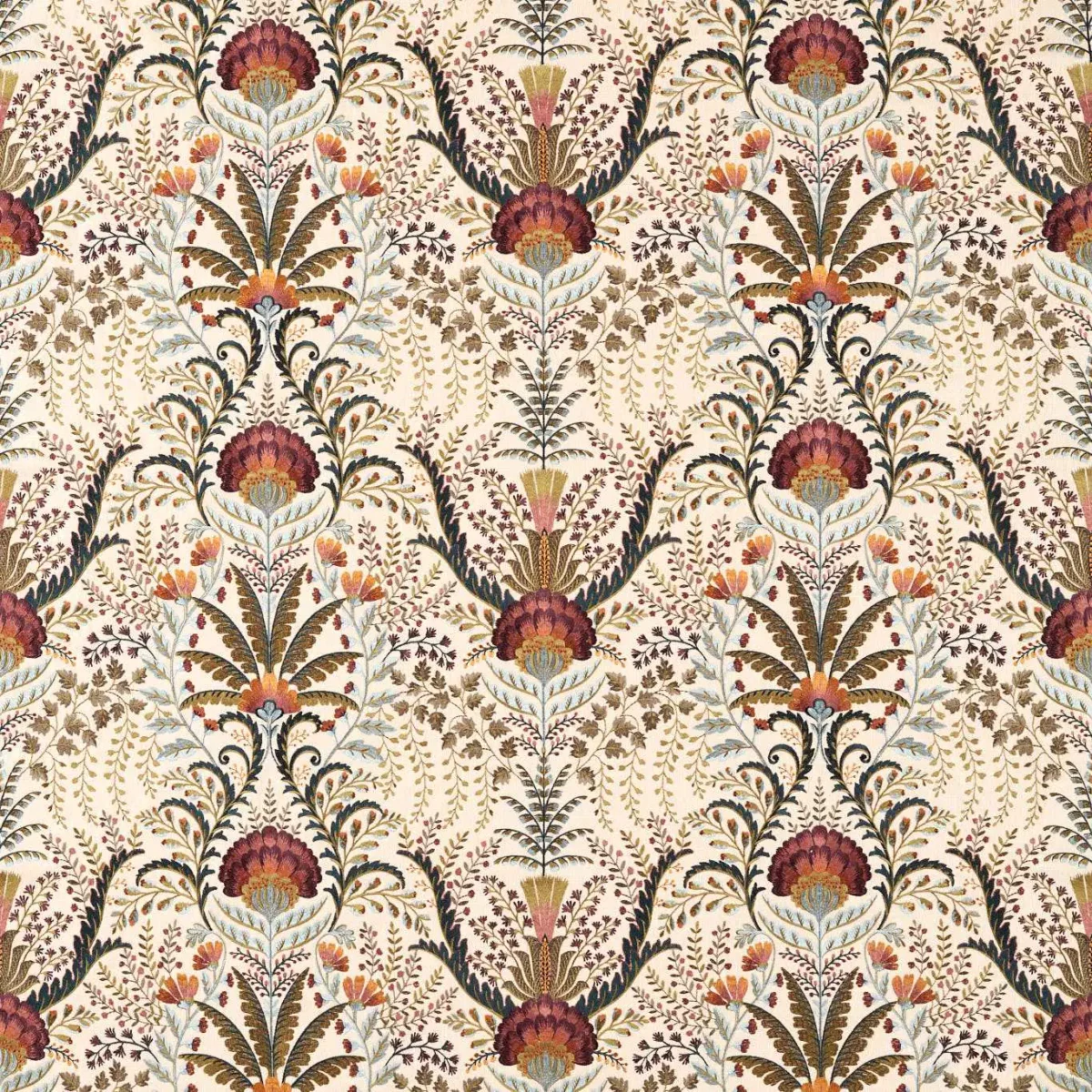 Marrienne Fabric - Midsummer by brown botanical embroideried fabric from Sanderson