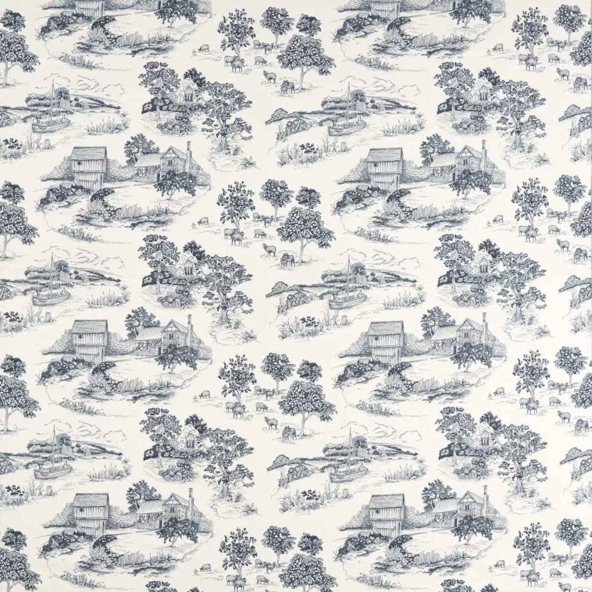Brockhampton Estate Fabric - Woad by black-grey botanical cotton fabric from Sanderson
