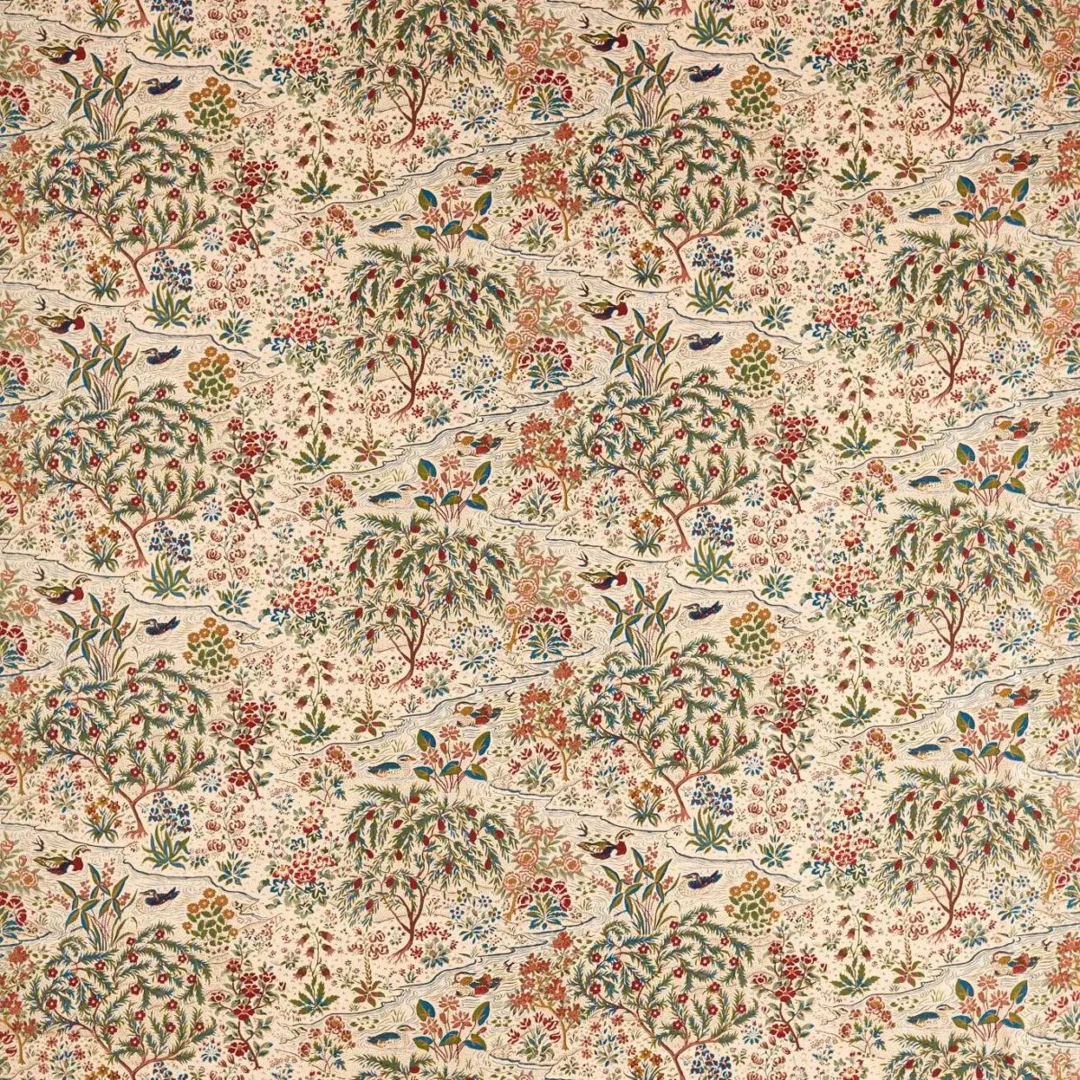 Moat Birds Fabric - Damson / Cobalt by orange botanical printed fabric from Sanderson