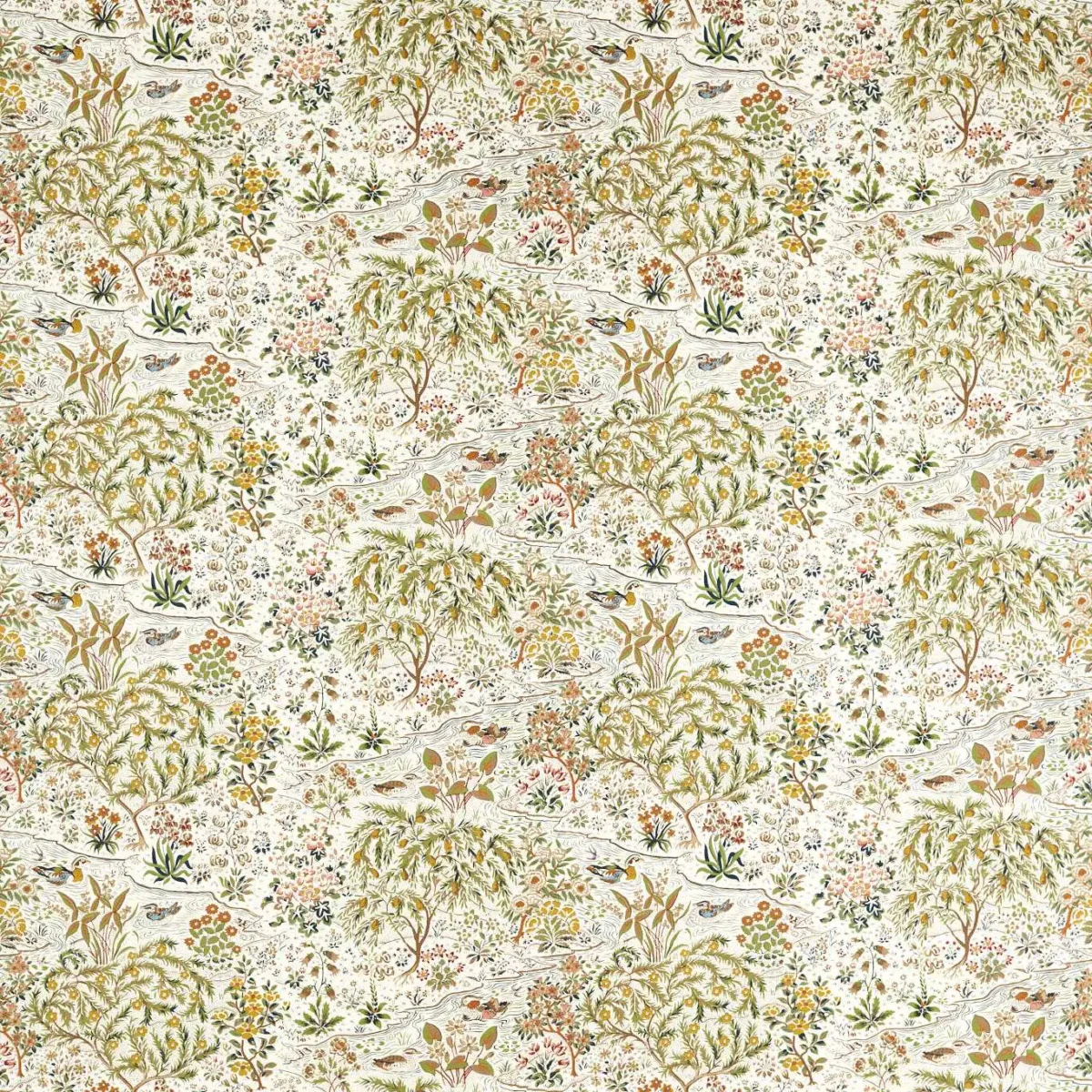 Moat Birds Fabric - Fawn / Harvest by green botanical printed fabric from Sanderson