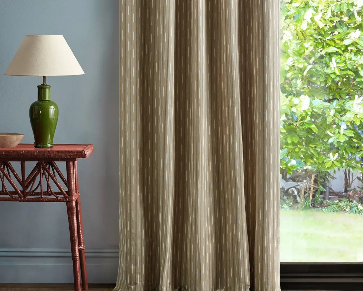 Sabu Stripe Fabric - Stone / Oak by neutral striped curtain with side table and lamps