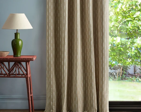 Sabu Stripe Fabric - Stone / Oak by neutral striped curtain with side table and lamps