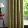 green striped curtain with side table and lamps