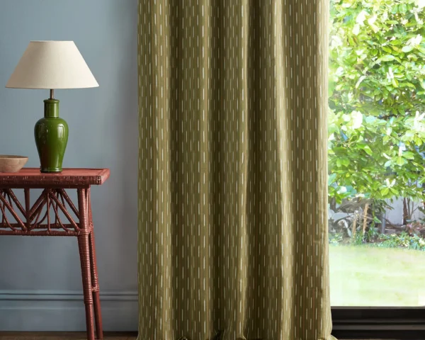 Sabu Stripe Fabric - Olivine / Gold by green striped curtain with side table and lamps